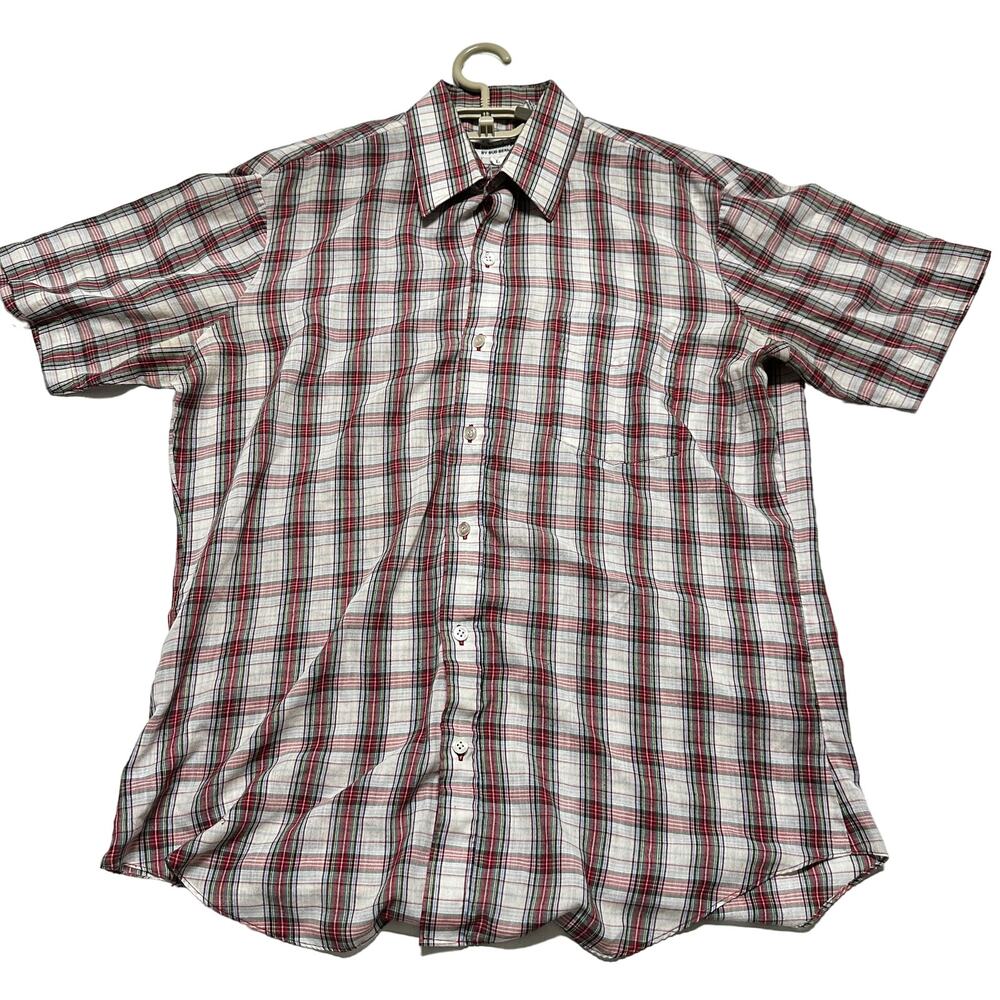 Bud Berma Shirt Mens L Red Blue Green Yellow Beige Plaid Button Up Short Sleeves